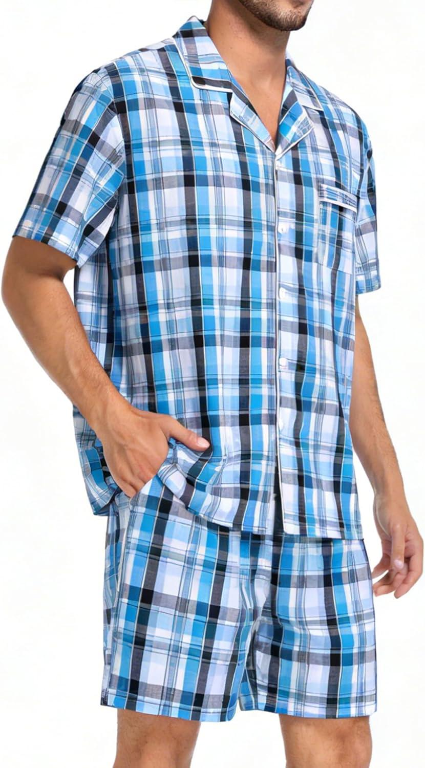 imageSWOMOG Mens 100 Cotton Pajama Set 2Pcs Button Down Pjs Set Short Sleeve Sleepwear with Pocket Soft Summer Stripe NightwearGrey Royal Blue Plaid