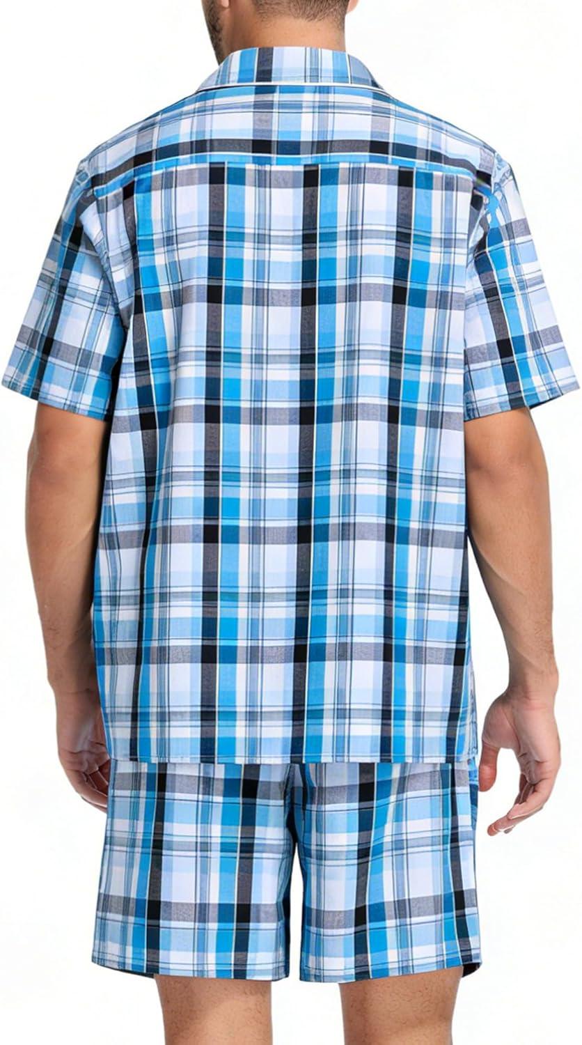 imageSWOMOG Mens 100 Cotton Pajama Set 2Pcs Button Down Pjs Set Short Sleeve Sleepwear with Pocket Soft Summer Stripe NightwearGrey Royal Blue Plaid