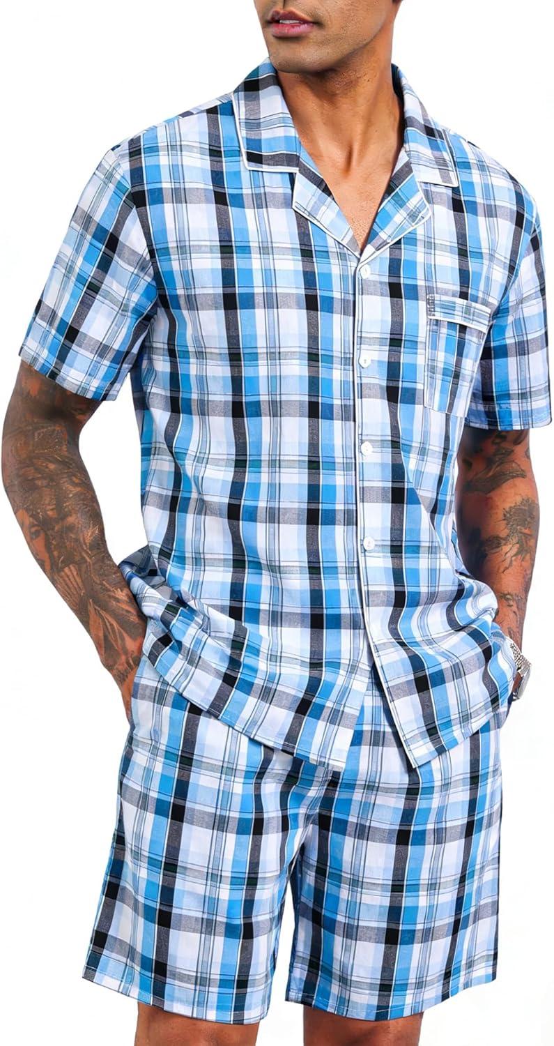 imageSWOMOG Mens 100 Cotton Pajama Set 2Pcs Button Down Pjs Set Short Sleeve Sleepwear with Pocket Soft Summer Stripe NightwearGrey Royal Blue Plaid