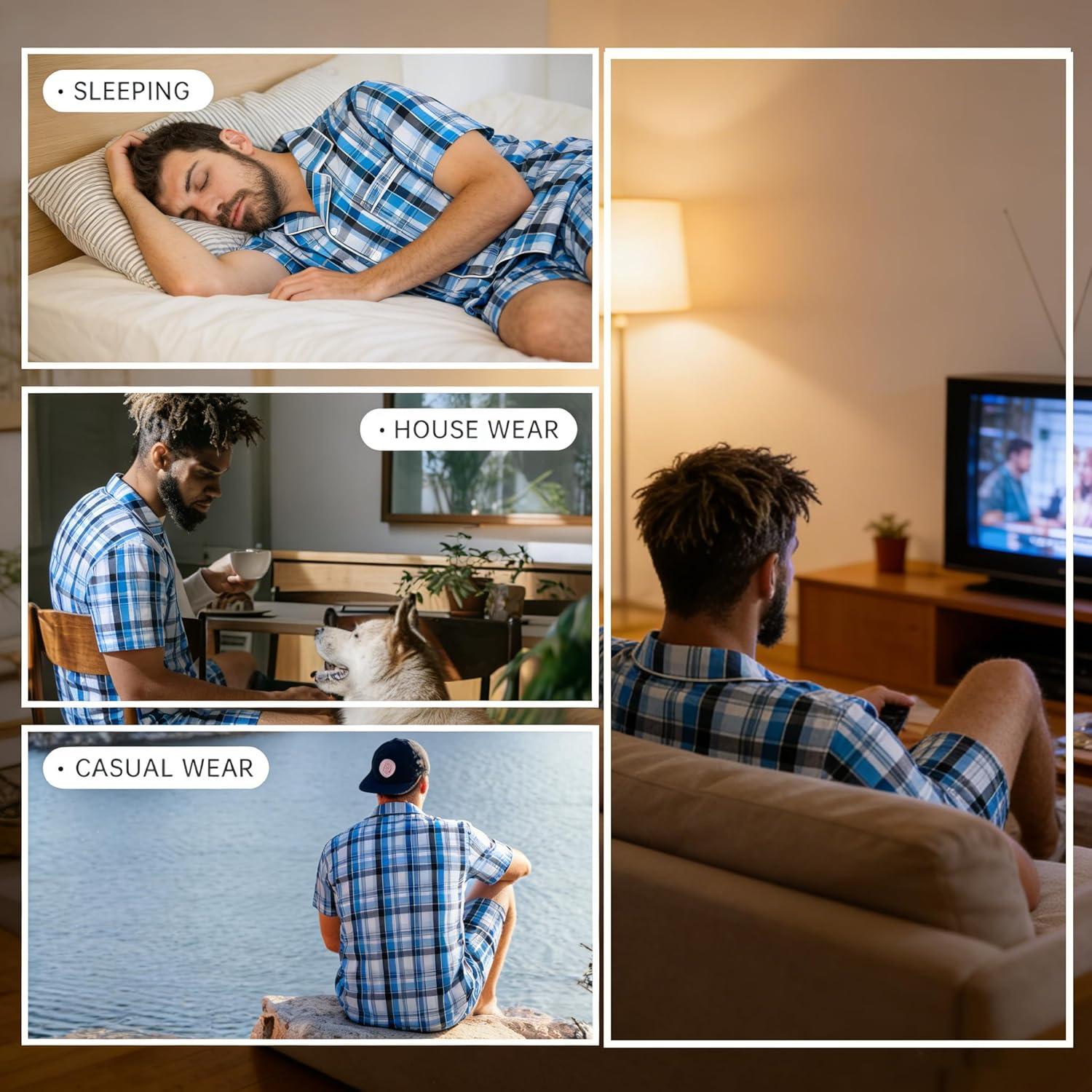 imageSWOMOG Mens 100 Cotton Pajama Set 2Pcs Button Down Pjs Set Short Sleeve Sleepwear with Pocket Soft Summer Stripe NightwearGrey Royal Blue Plaid