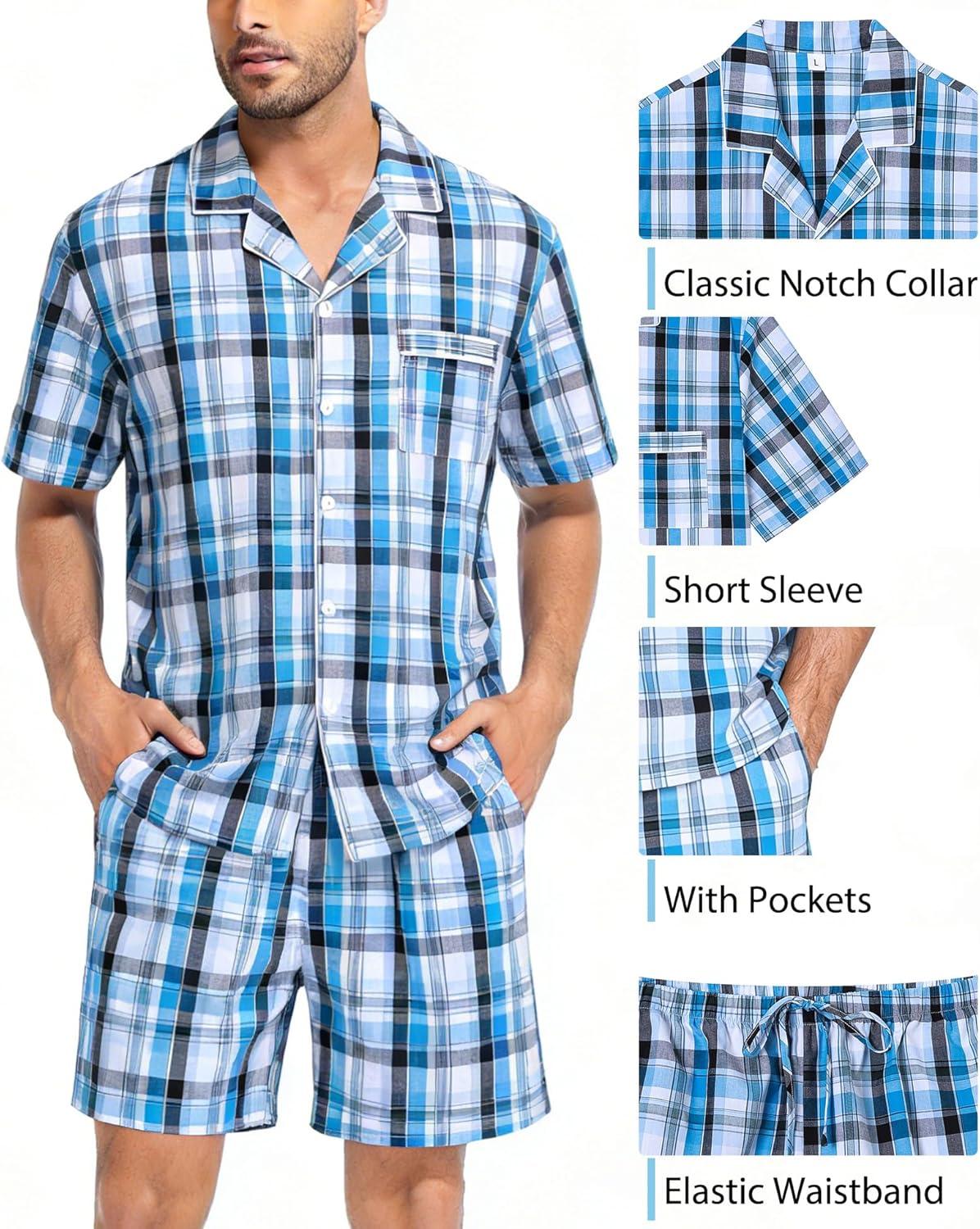 imageSWOMOG Mens 100 Cotton Pajama Set 2Pcs Button Down Pjs Set Short Sleeve Sleepwear with Pocket Soft Summer Stripe NightwearGrey Royal Blue Plaid