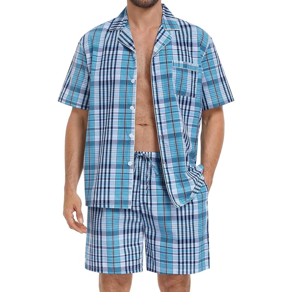 imageSWOMOG Mens 100 Cotton Pajama Set 2Pcs Button Down Pjs Set Short Sleeve Sleepwear with Pocket Soft Summer Stripe NightwearBlue Grey Plaid