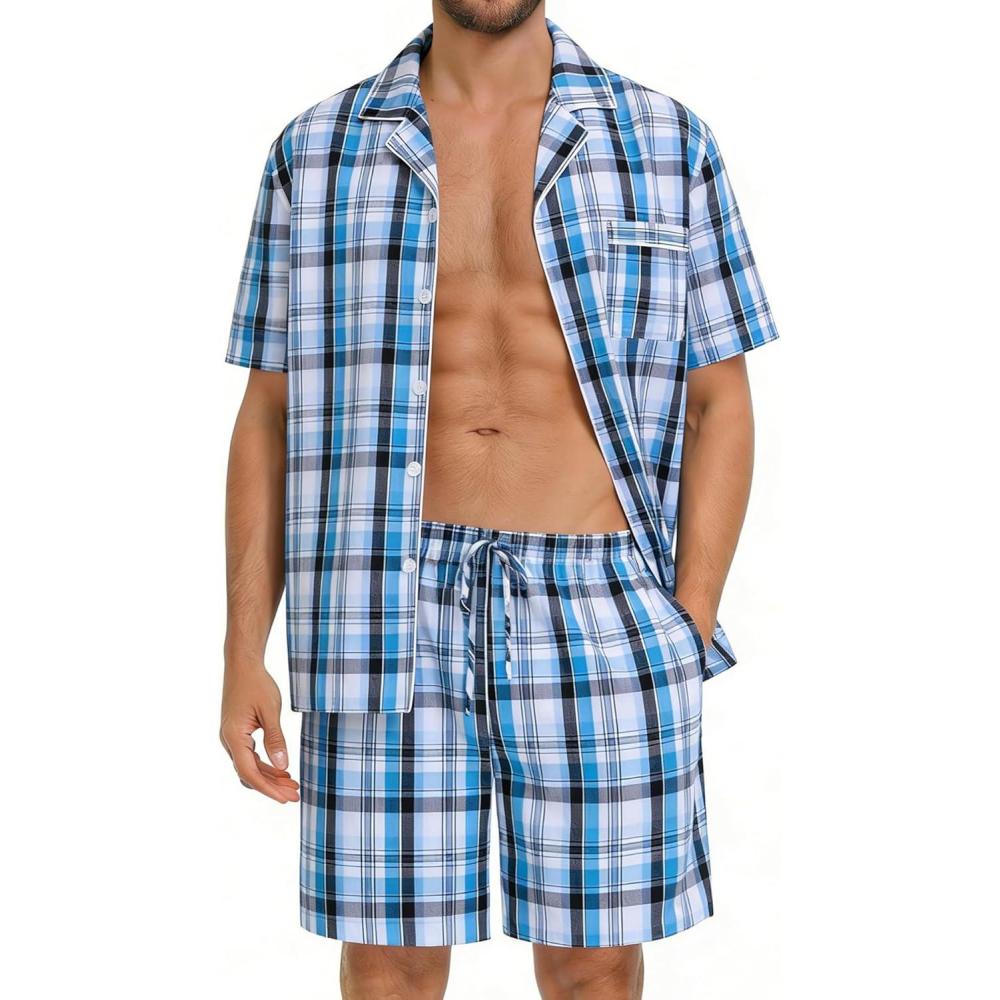 imageSWOMOG Mens 100 Cotton Pajama Set 2Pcs Button Down Pjs Set Short Sleeve Sleepwear with Pocket Soft Summer Stripe NightwearGrey Royal Blue Plaid
