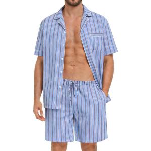 SWOMOG Mens 100% Cotton Pajama Set 2Pcs Button Down Pjs Set Short Sleeve Sleepwear with Pocket Soft Summer Stripe Nightwear(Blue Stripes)