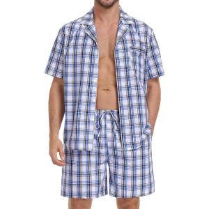 SWOMOG Mens 100% Cotton Pajama Set 2Pcs Button Down Pjs Set Short Sleeve Sleepwear with Pocket Soft Summer Stripe Nightwear(Brown White Plaid)