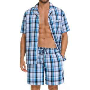 SWOMOG Mens 100% Cotton Pajama Set 2Pcs Button Down Pjs Set Short Sleeve Sleepwear with Pocket Soft Summer Stripe Nightwear(Grey Royal Blue Plaid)