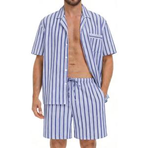 SWOMOG Mens 100% Cotton Pajama Set 2Pcs Button Down Pjs Set Short Sleeve Sleepwear with Pocket Soft Summer Stripe Nightwear(Navy White Stripes)
