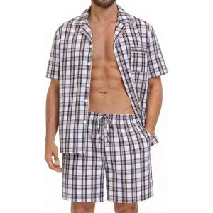 SWOMOG Mens 100% Cotton Pajama Set 2Pcs Button Down Pjs Set Short Sleeve Sleepwear with Pocket Soft Summer Stripe Nightwear(White Brown Plaid)