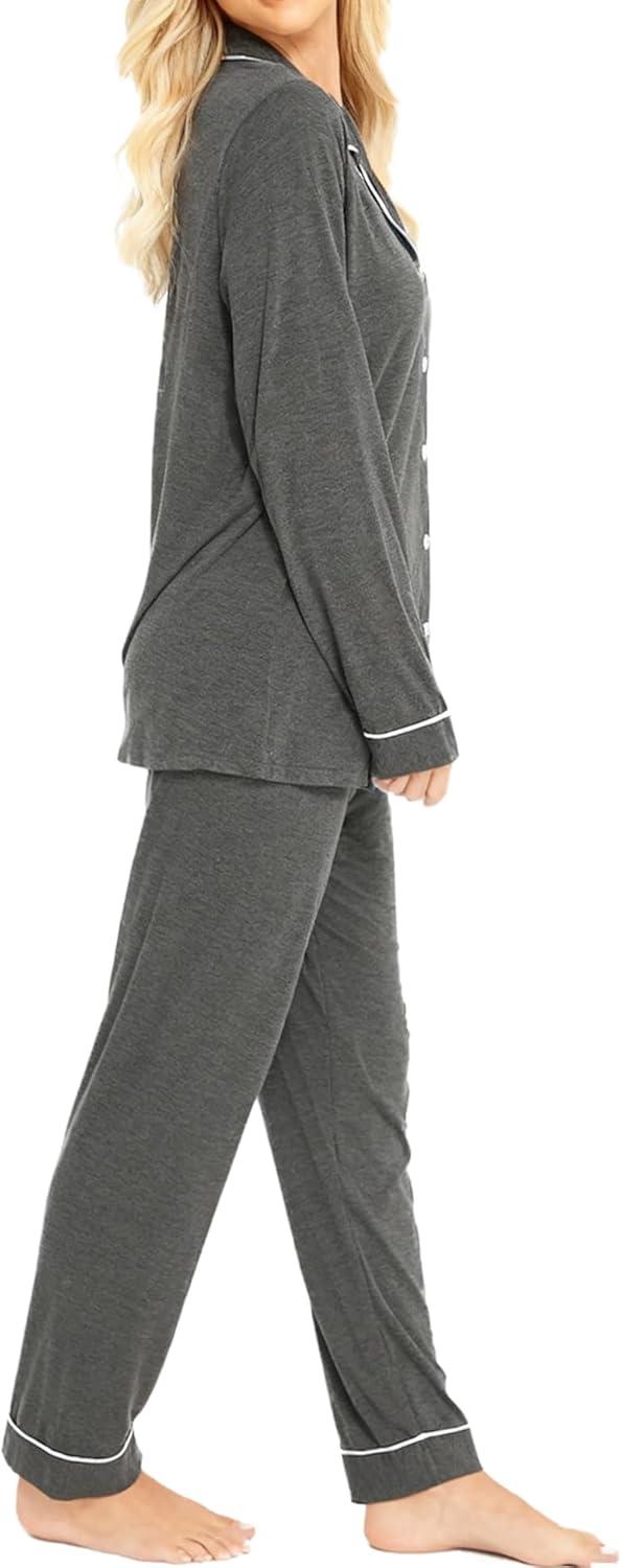 imageSWOMOG Womens Pajama Sets Long Sleeve Button Down Sleepwear Soft Pjs Lounge Sets with Pockets Navy Blue Wide PipingDeep Grey Classic