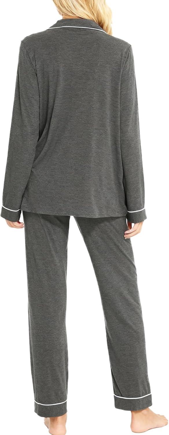 imageSWOMOG Womens Pajama Sets Long Sleeve Button Down Sleepwear Soft Pjs Lounge Sets with Pockets Navy Blue Wide PipingDeep Grey Classic