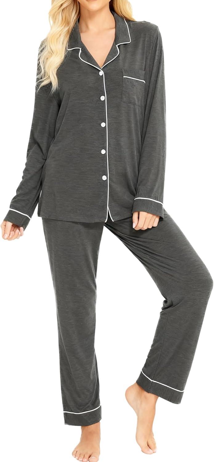 imageSWOMOG Womens Pajama Sets Long Sleeve Button Down Sleepwear Soft Pjs Lounge Sets with Pockets Navy Blue Wide PipingDeep Grey Classic