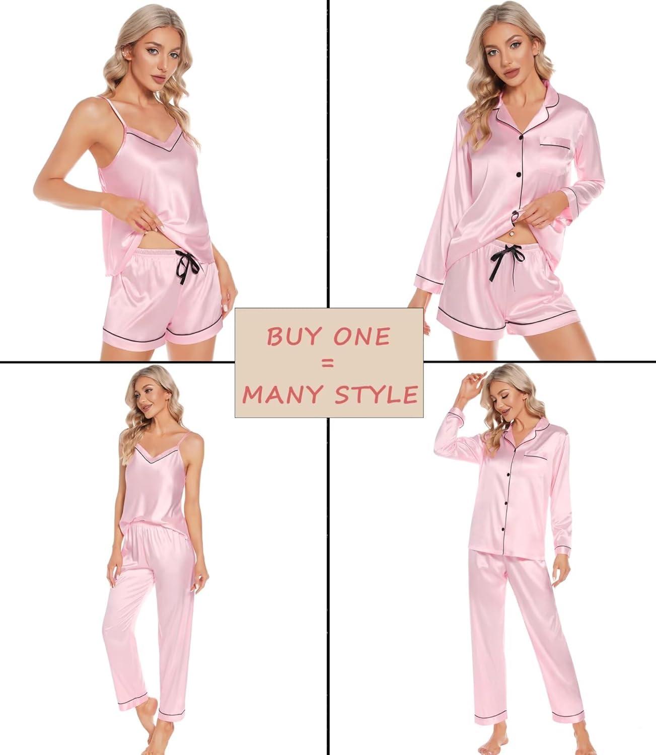 imageSWOMOG Womens Silk Satin Pajamas Sets 4pcs Loungewear Sexy Cami Shorts Set Button Down Long Sleeve Pjs SleepwearPink