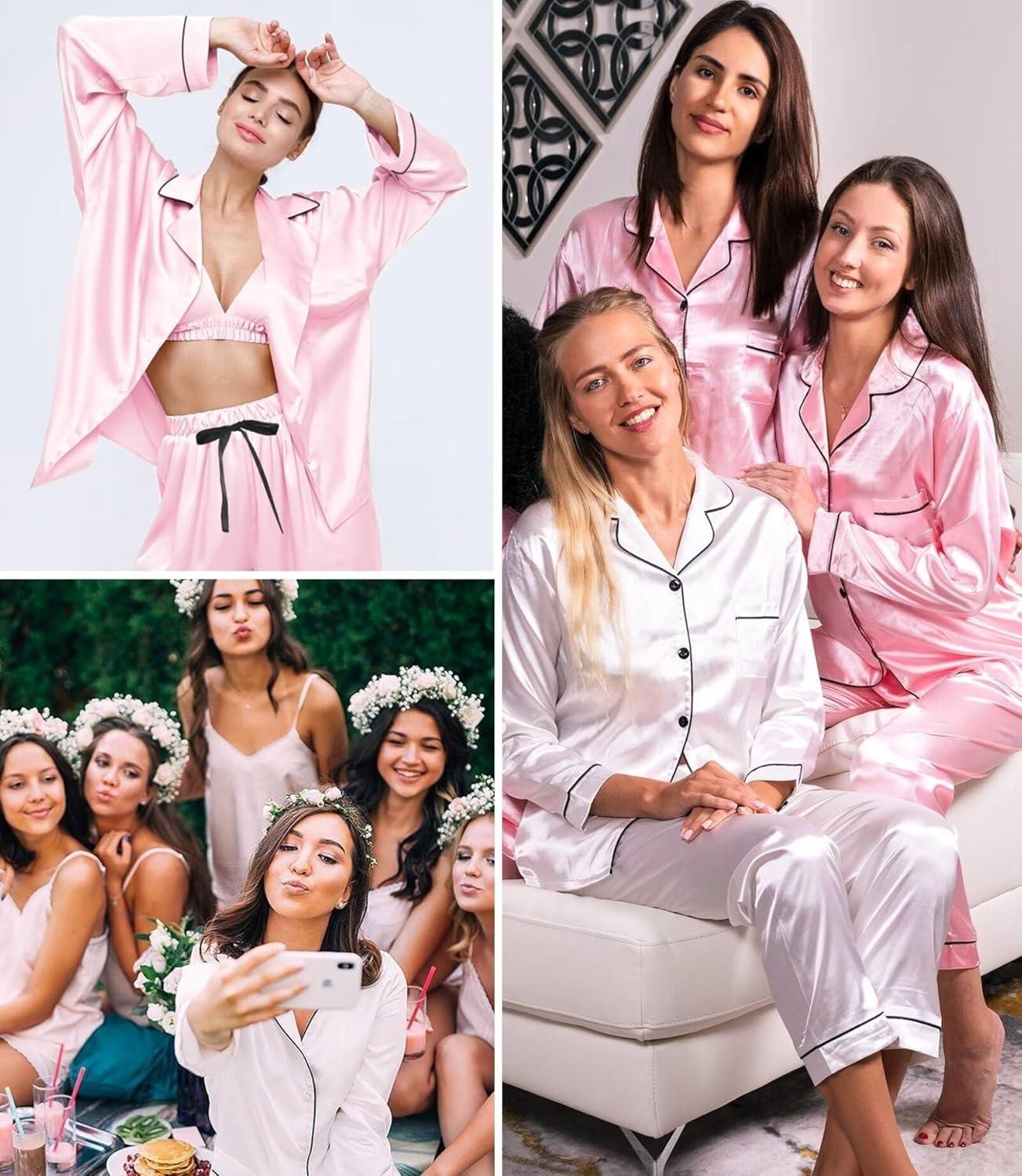 imageSWOMOG Womens Silk Satin Pajamas Sets 4pcs Loungewear Sexy Cami Shorts Set Button Down Long Sleeve Pjs SleepwearPink