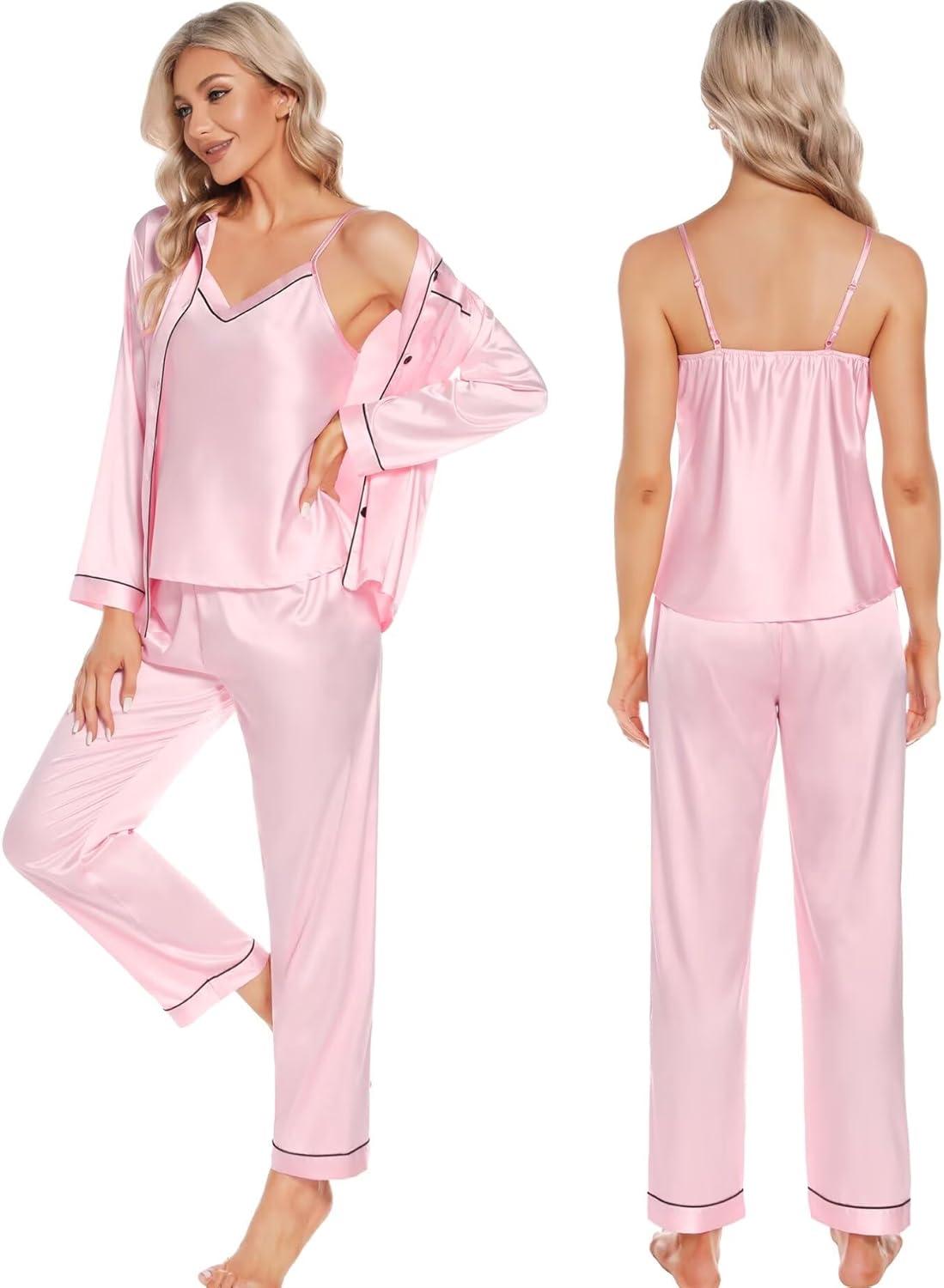 imageSWOMOG Womens Silk Satin Pajamas Sets 4pcs Loungewear Sexy Cami Shorts Set Button Down Long Sleeve Pjs SleepwearPink