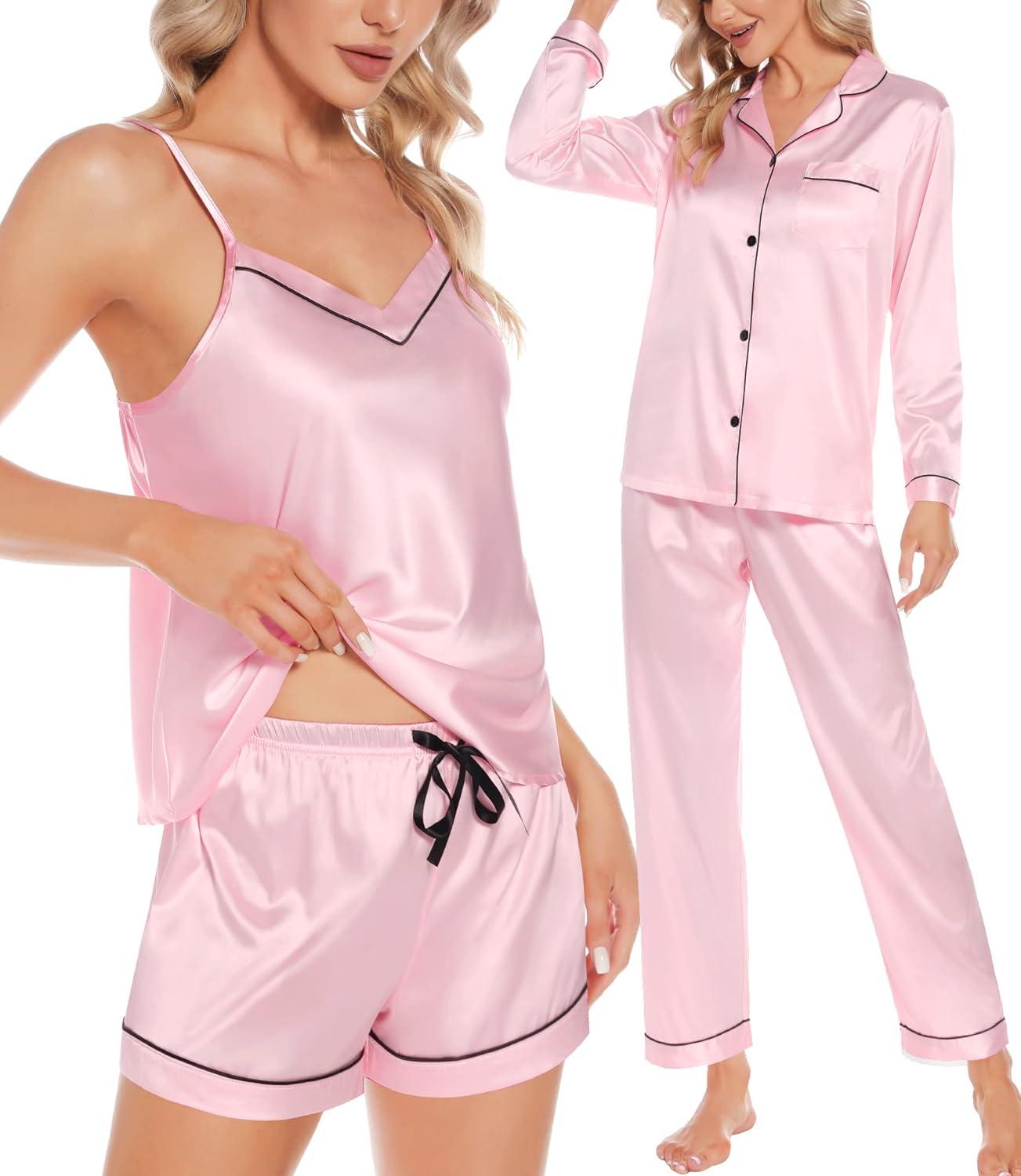 imageSWOMOG Womens Silk Satin Pajamas Sets 4pcs Loungewear Sexy Cami Shorts Set Button Down Long Sleeve Pjs SleepwearPink