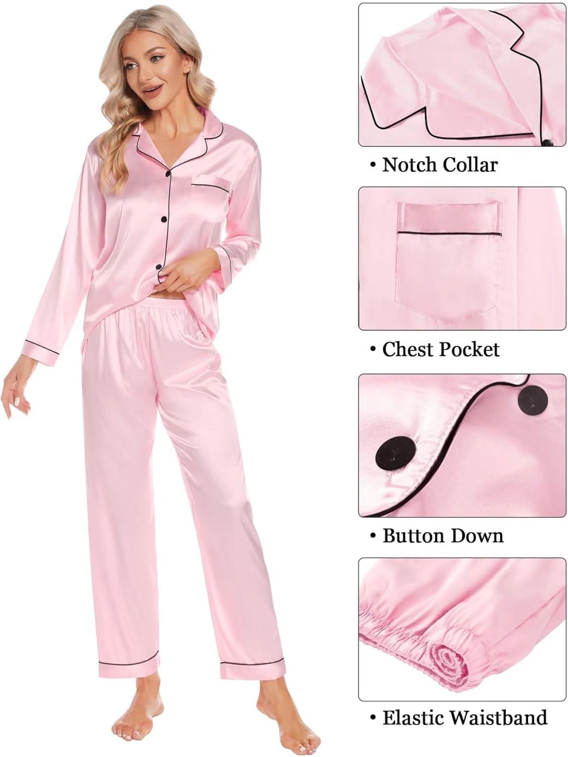 imageSWOMOG Womens Silk Satin Pajamas Sets 4pcs Loungewear Sexy Cami Shorts Set Button Down Long Sleeve Pjs SleepwearPink