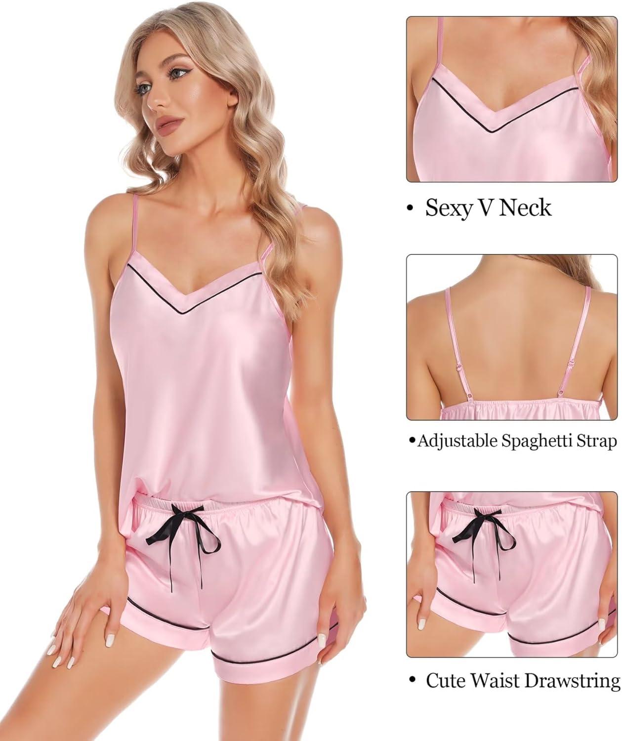 imageSWOMOG Womens Silk Satin Pajamas Sets 4pcs Loungewear Sexy Cami Shorts Set Button Down Long Sleeve Pjs SleepwearPink