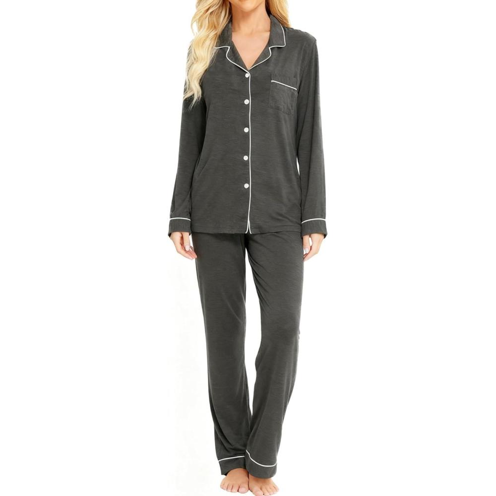 imageSWOMOG Womens Pajama Sets Long Sleeve Button Down Sleepwear Soft Pjs Lounge Sets with Pockets Navy Blue Wide PipingDeep Grey Classic