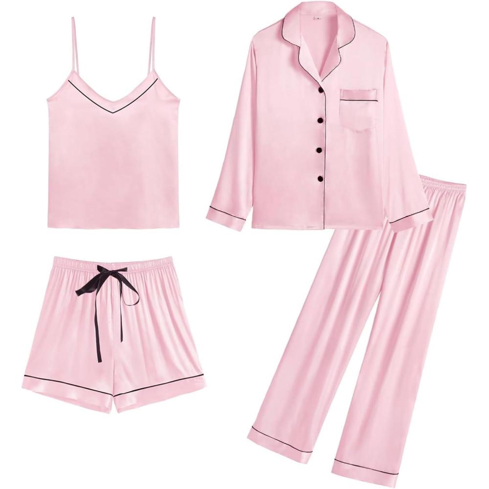 imageSWOMOG Womens Silk Satin Pajamas Sets 4pcs Loungewear Sexy Cami Shorts Set Button Down Long Sleeve Pjs SleepwearPink