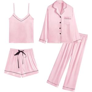 SWOMOG Womens Silk Satin Pajamas Sets 4pcs Loungewear Sexy Cami Shorts Set Button Down Long Sleeve Pjs Sleepwear(Pink)