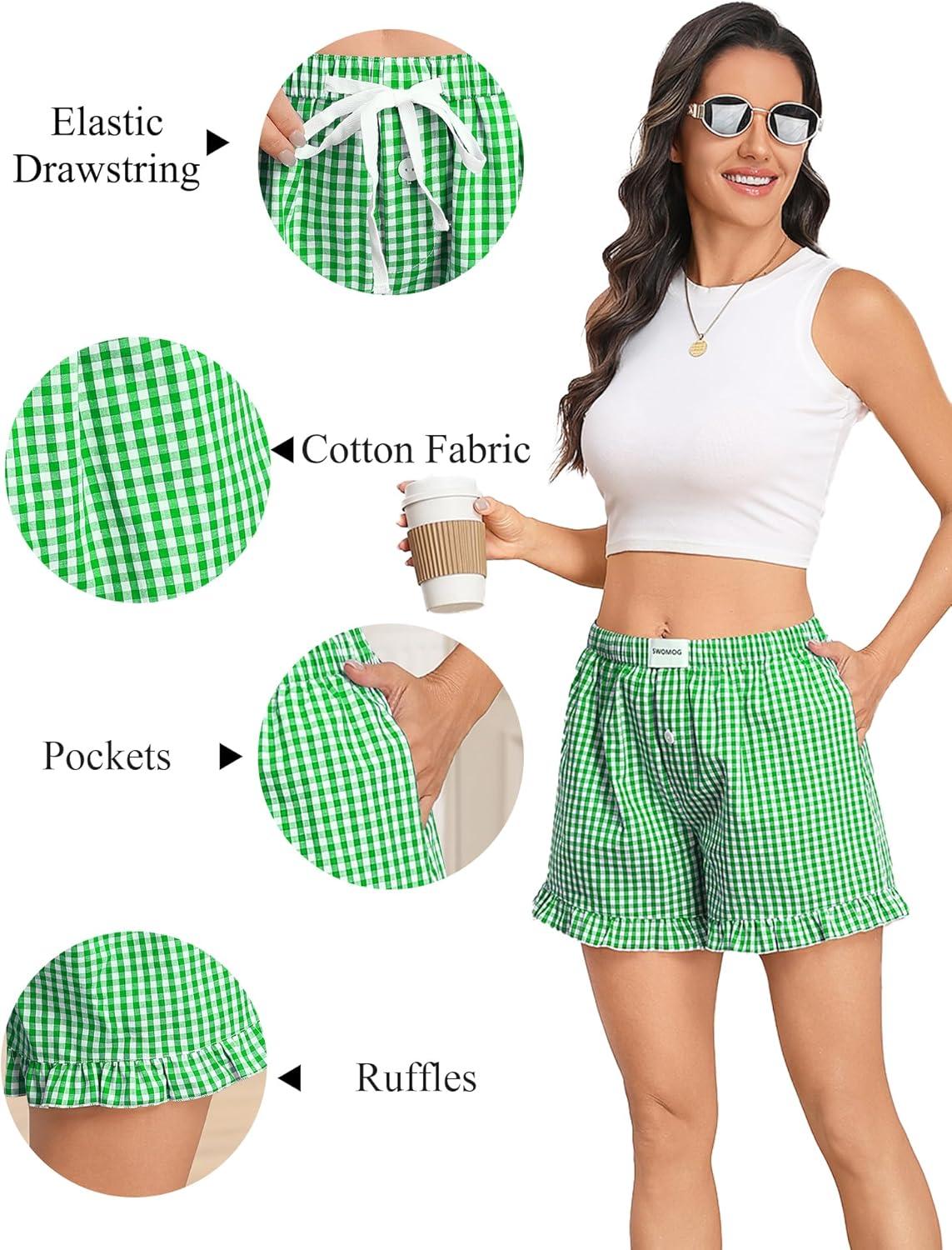 imageSWOMOG Womens Boxer Shorts Cotton Pajamas Ruffle Gingham Shorts Summer Casual Lounge Sleep Bottoms Pockets 2026 TrendyGreen White Plaid