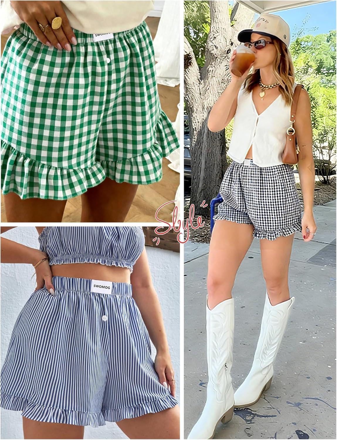 imageSWOMOG Womens Boxer Shorts Cotton Pajamas Ruffle Gingham Shorts Summer Casual Lounge Sleep Bottoms Pockets 2026 TrendyGreen White Plaid