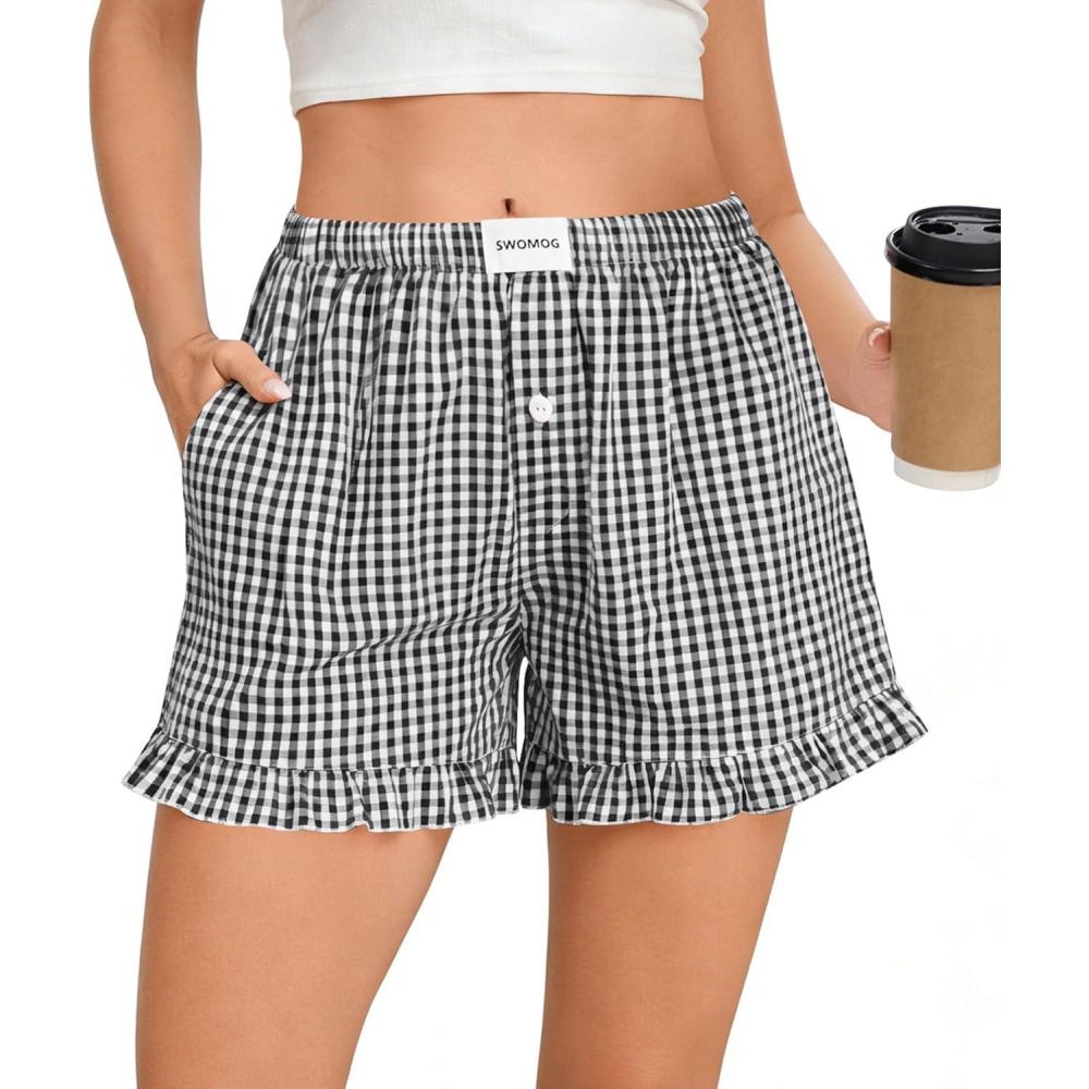imageSWOMOG Womens Boxer Shorts Cotton Pajamas Ruffle Gingham Shorts Summer Casual Lounge Sleep Bottoms Pockets 2026 TrendyBlack White Plaid
