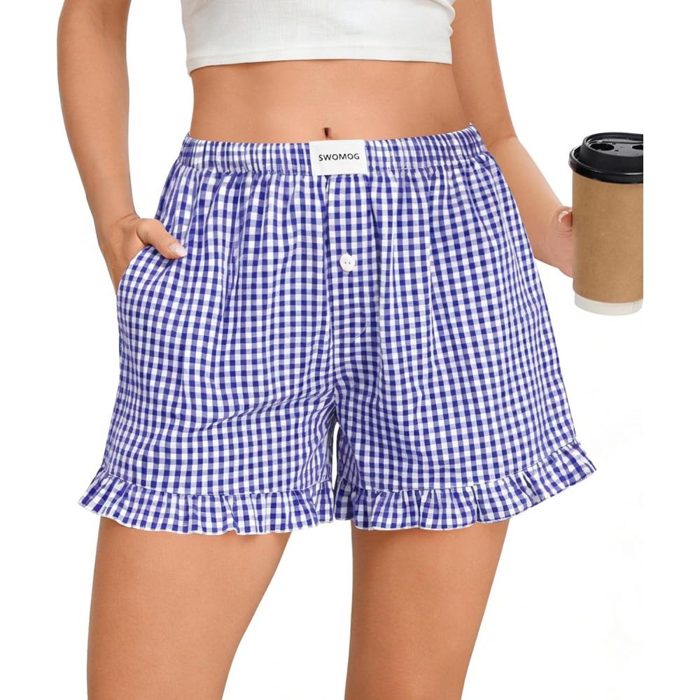 imageSWOMOG Womens Boxer Shorts Cotton Pajamas Ruffle Gingham Shorts Summer Casual Lounge Sleep Bottoms Pockets 2026 TrendyBlue White Plaid