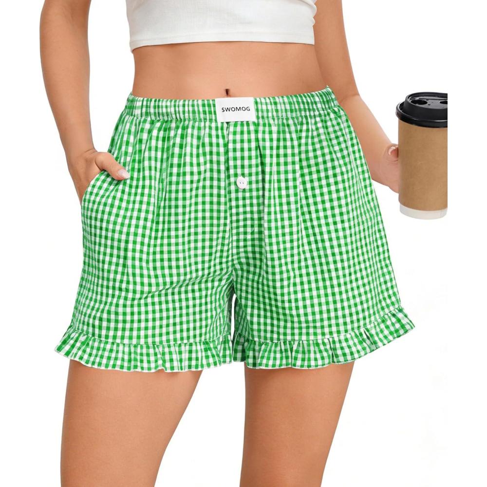 imageSWOMOG Womens Boxer Shorts Cotton Pajamas Ruffle Gingham Shorts Summer Casual Lounge Sleep Bottoms Pockets 2026 TrendyGreen White Plaid