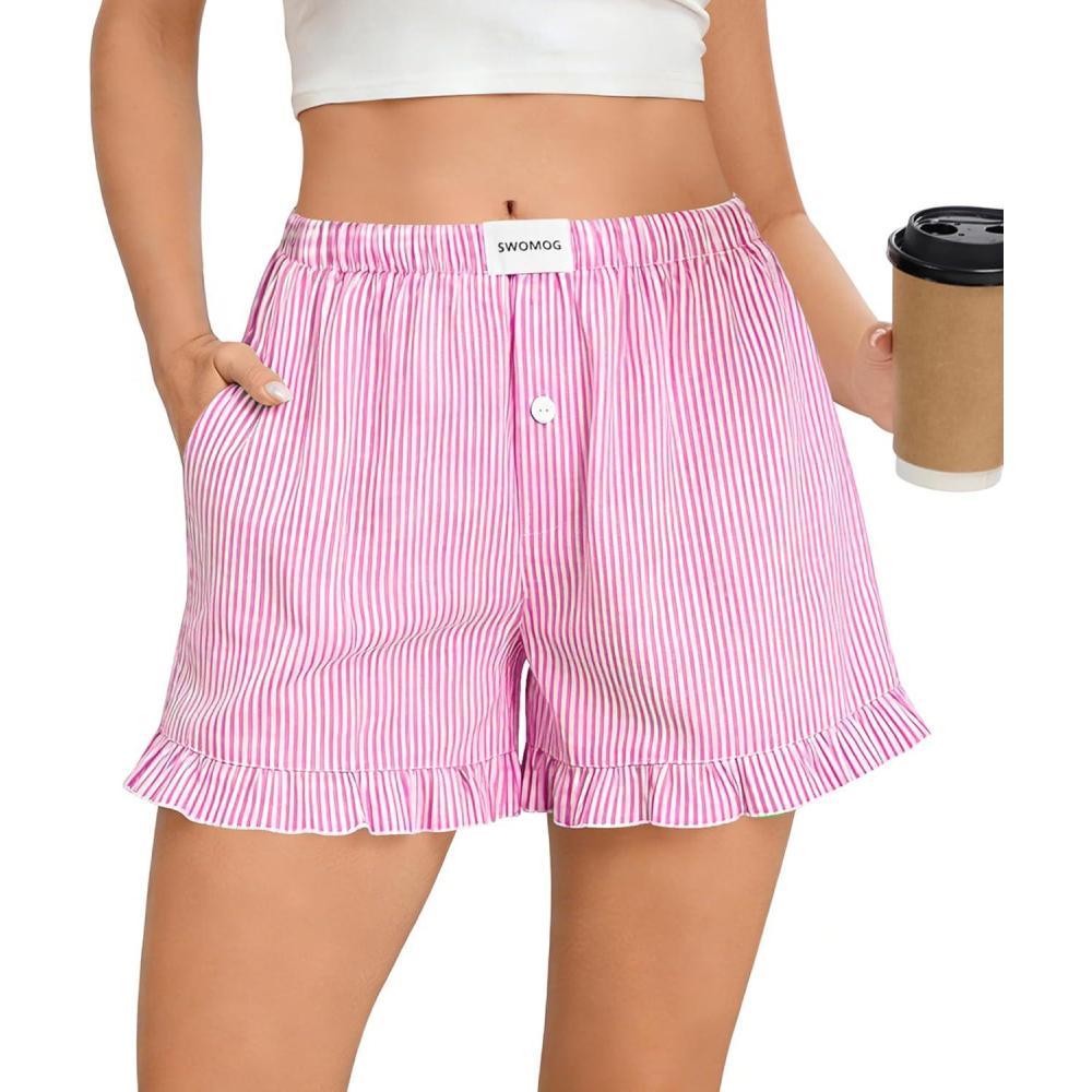 imageSWOMOG Womens Boxer Shorts Cotton Pajamas Ruffle Gingham Shorts Summer Casual Lounge Sleep Bottoms Pockets 2026 TrendyPink Striped