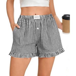 SWOMOG Womens Boxer Shorts Cotton Pajamas Ruffle Gingham Shorts Summer Casual Lounge Sleep Bottoms Pockets 2026 Trendy(Black White Plaid)