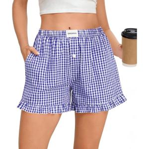 SWOMOG Womens Boxer Shorts Cotton Pajamas Ruffle Gingham Shorts Summer Casual Lounge Sleep Bottoms Pockets 2026 Trendy(Blue White Plaid)