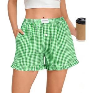 SWOMOG Womens Boxer Shorts Cotton Pajamas Ruffle Gingham Shorts Summer Casual Lounge Sleep Bottoms Pockets 2026 Trendy(Green White Plaid)