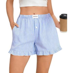 SWOMOG Womens Boxer Shorts Cotton Pajamas Ruffle Gingham Shorts Summer Casual Lounge Sleep Bottoms Pockets 2026 Trendy(Light Blue Striped)