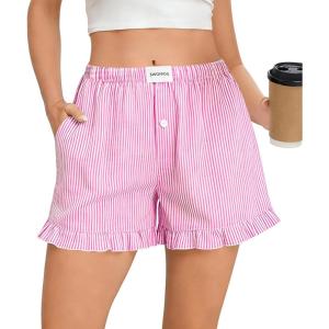 SWOMOG Womens Boxer Shorts Cotton Pajamas Ruffle Gingham Shorts Summer Casual Lounge Sleep Bottoms Pockets 2026 Trendy(Pink Striped)