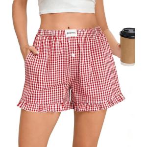 SWOMOG Womens Boxer Shorts Cotton Pajamas Ruffle Gingham Shorts Summer Casual Lounge Sleep Bottoms Pockets 2026 Trendy(Red White Plaid)
