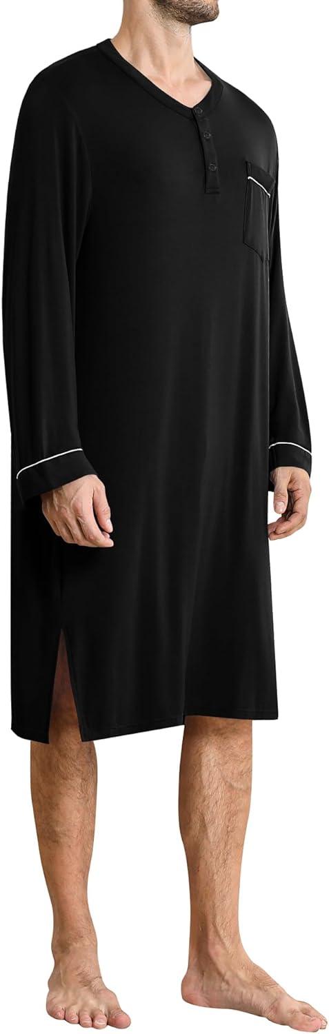imageSWOMOG Mens Nightshirt Long Sleeve Nightgown Soft Loose Sleepwear Comfy Big amp Tall Henley Sleep Shirt for Sleeping SXXLBlack