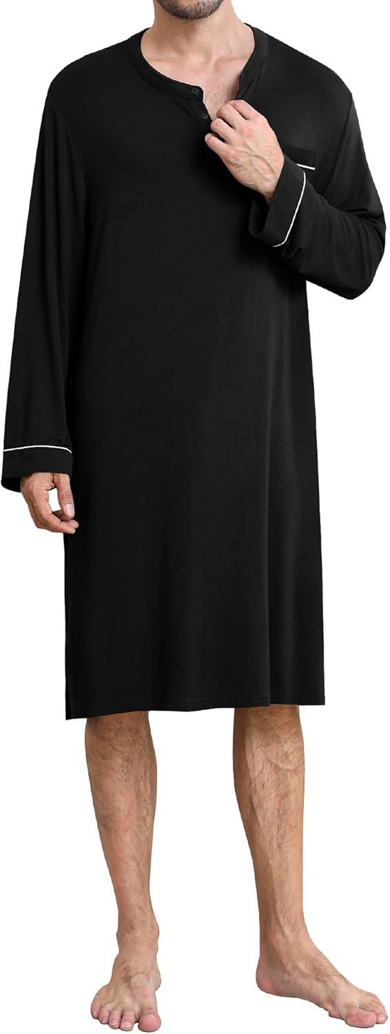 imageSWOMOG Mens Nightshirt Long Sleeve Nightgown Soft Loose Sleepwear Comfy Big amp Tall Henley Sleep Shirt for Sleeping SXXLBlack