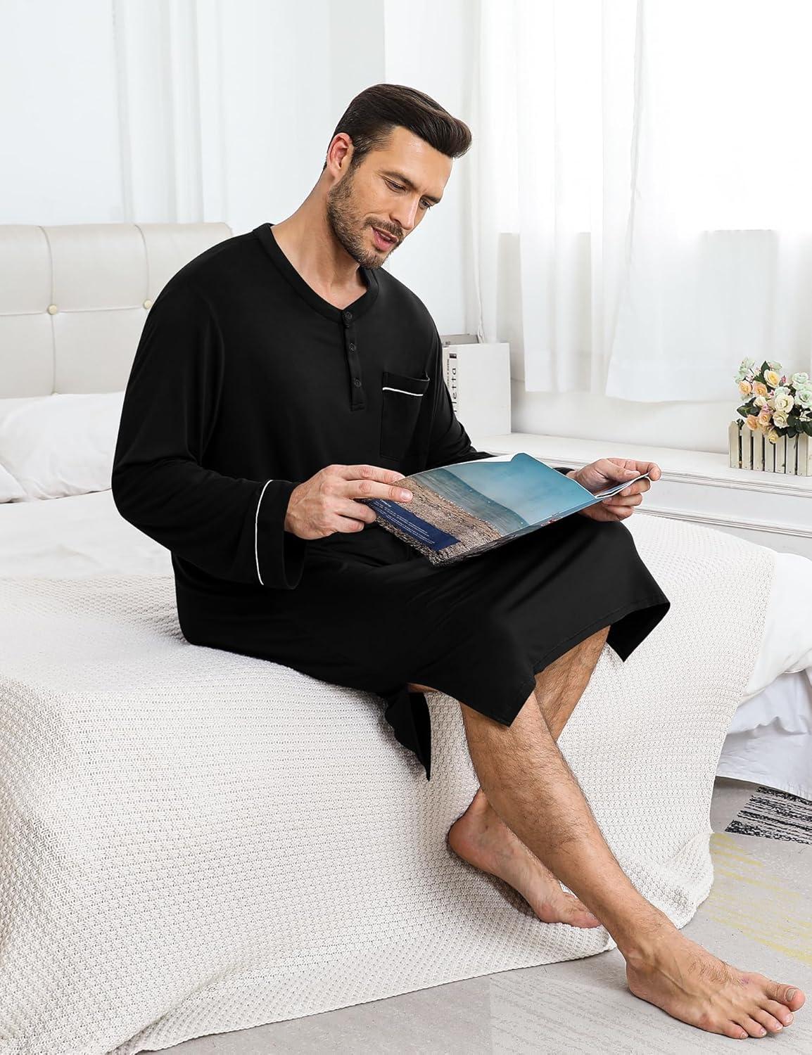 imageSWOMOG Mens Nightshirt Long Sleeve Nightgown Soft Loose Sleepwear Comfy Big amp Tall Henley Sleep Shirt for Sleeping SXXLBlack