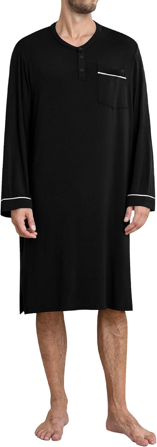 imageSWOMOG Mens Nightshirt Long Sleeve Nightgown Soft Loose Sleepwear Comfy Big amp Tall Henley Sleep Shirt for Sleeping SXXLBlack