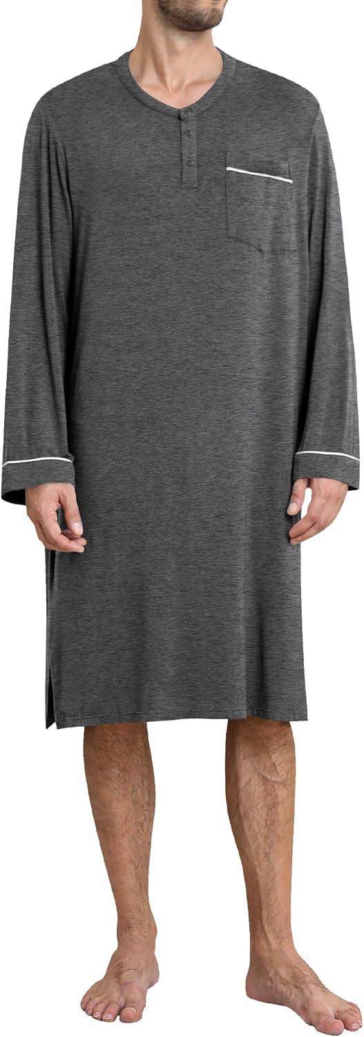 imageSWOMOG Mens Nightshirt Long Sleeve Nightgown Soft Loose Sleepwear Comfy Big amp Tall Henley Sleep Shirt for Sleeping SXXLDeep Grey