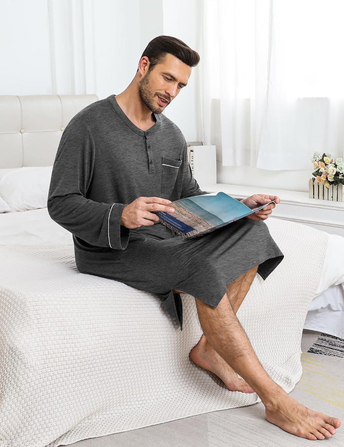 imageSWOMOG Mens Nightshirt Long Sleeve Nightgown Soft Loose Sleepwear Comfy Big amp Tall Henley Sleep Shirt for Sleeping SXXLDeep Grey