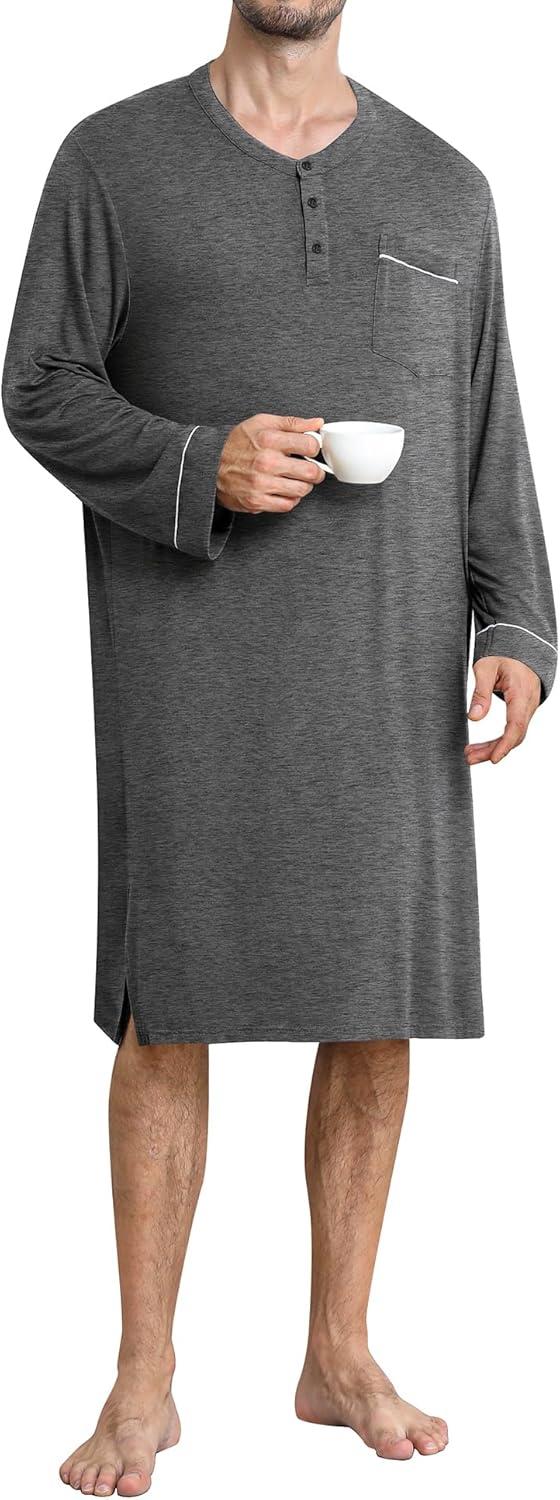 imageSWOMOG Mens Nightshirt Long Sleeve Nightgown Soft Loose Sleepwear Comfy Big amp Tall Henley Sleep Shirt for Sleeping SXXLDeep Grey
