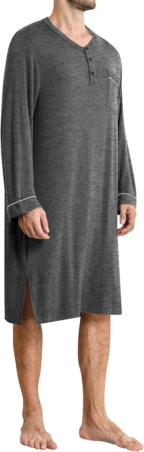 imageSWOMOG Mens Nightshirt Long Sleeve Nightgown Soft Loose Sleepwear Comfy Big amp Tall Henley Sleep Shirt for Sleeping SXXLDeep Grey