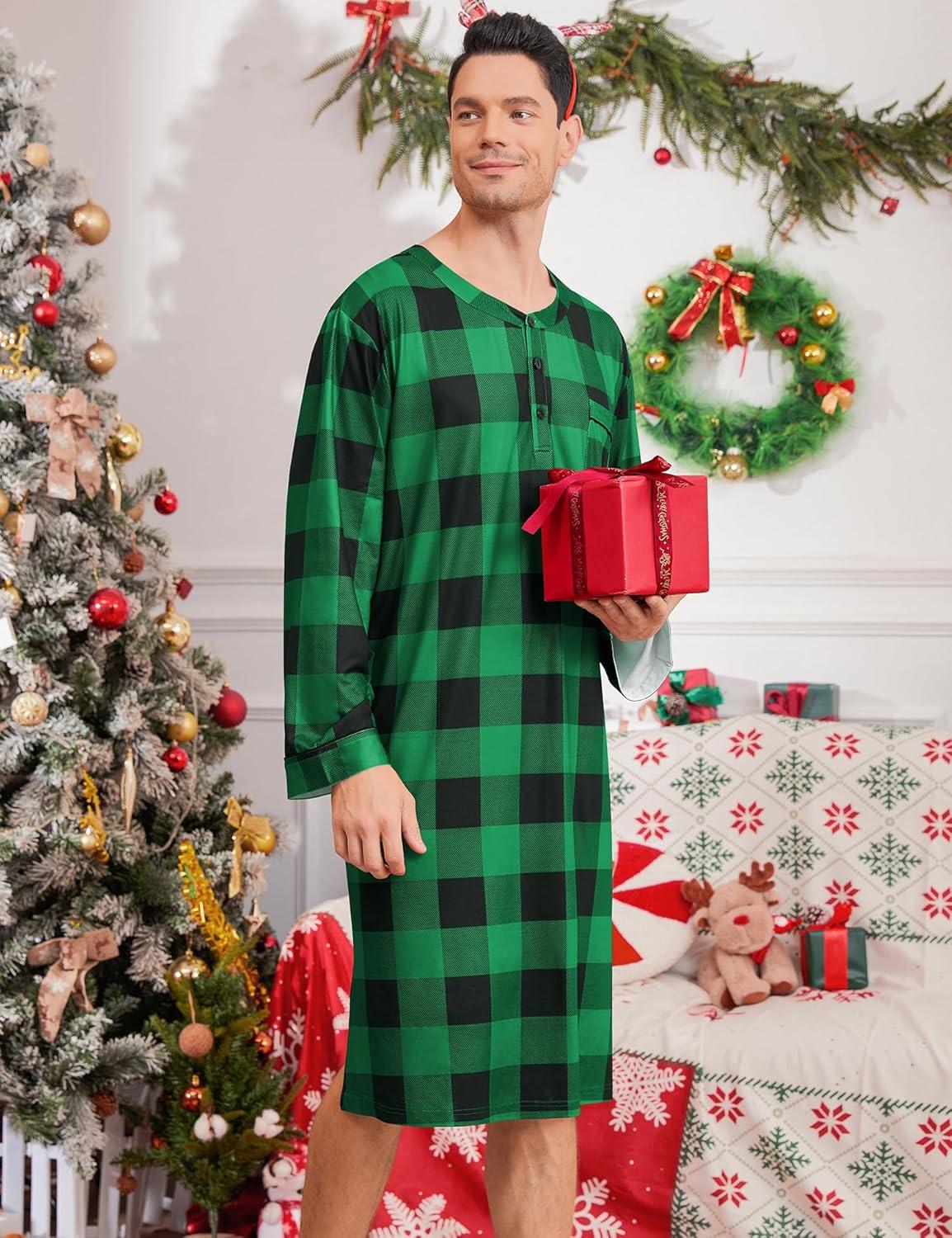 imageSWOMOG Mens Nightshirt Long Sleeve Nightgown Soft Loose Sleepwear Comfy Big amp Tall Henley Sleep Shirt for Sleeping SXXLGreen With Black Grid