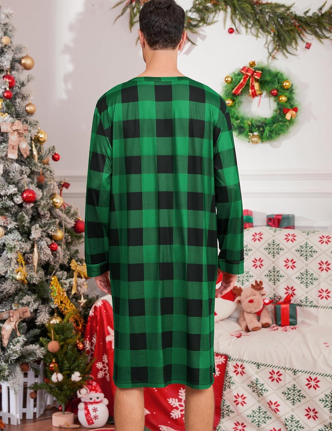 imageSWOMOG Mens Nightshirt Long Sleeve Nightgown Soft Loose Sleepwear Comfy Big amp Tall Henley Sleep Shirt for Sleeping SXXLGreen With Black Grid