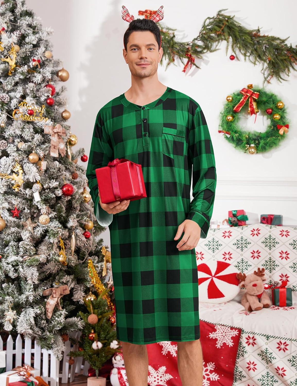imageSWOMOG Mens Nightshirt Long Sleeve Nightgown Soft Loose Sleepwear Comfy Big amp Tall Henley Sleep Shirt for Sleeping SXXLGreen With Black Grid