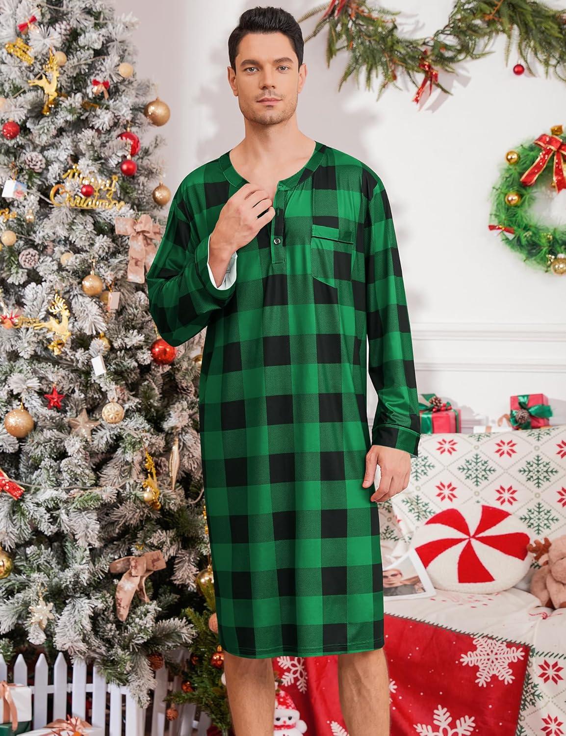 imageSWOMOG Mens Nightshirt Long Sleeve Nightgown Soft Loose Sleepwear Comfy Big amp Tall Henley Sleep Shirt for Sleeping SXXLGreen With Black Grid