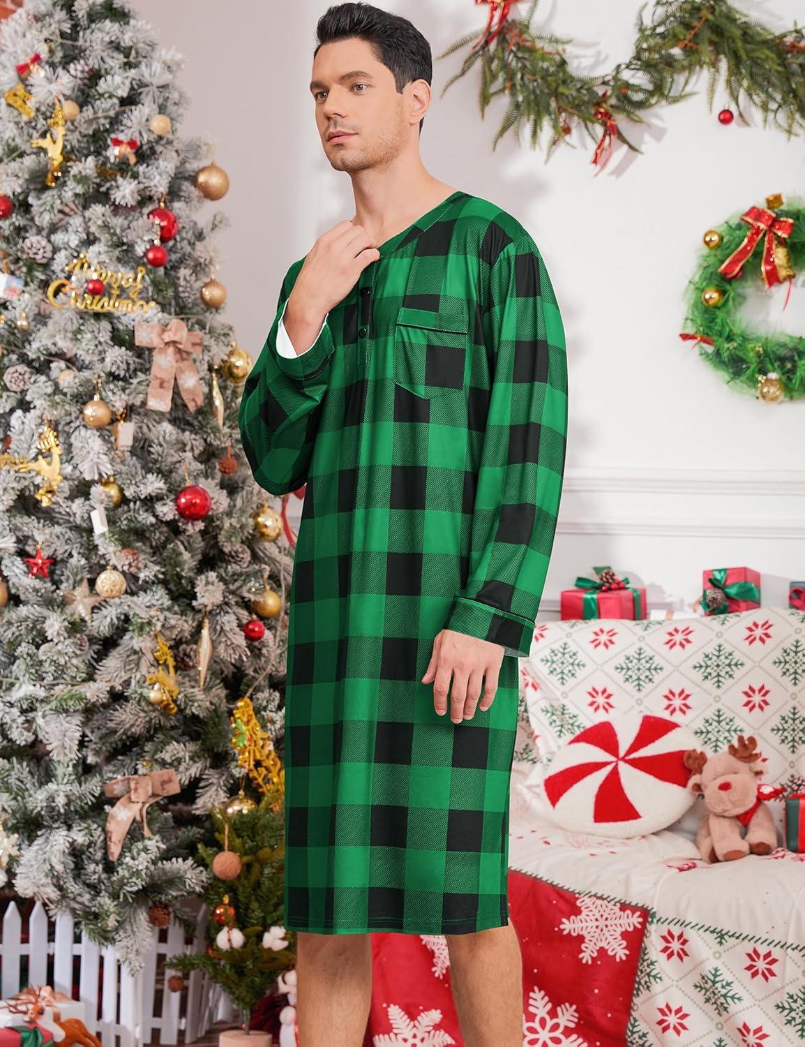 imageSWOMOG Mens Nightshirt Long Sleeve Nightgown Soft Loose Sleepwear Comfy Big amp Tall Henley Sleep Shirt for Sleeping SXXLGreen With Black Grid
