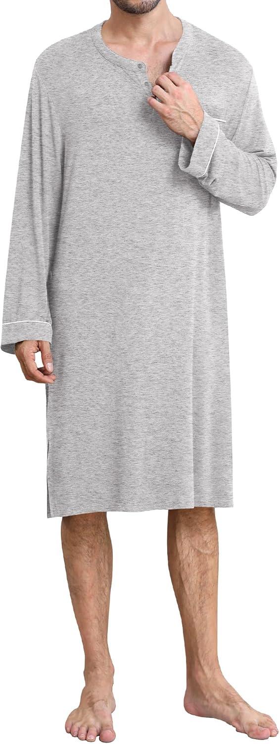 imageSWOMOG Mens Nightshirt Long Sleeve Nightgown Soft Loose Sleepwear Comfy Big amp Tall Henley Sleep Shirt for Sleeping SXXLGrey